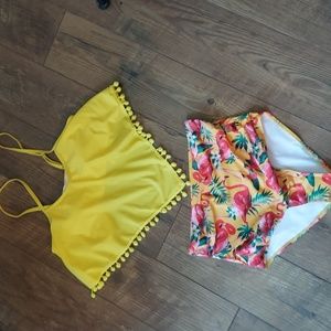NWOT sunshine Yello and pink flamingo 2 piece bathing suit Cute pom poms